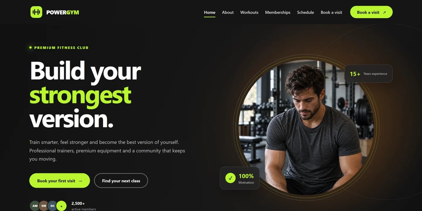 PowerGym fitness website with dark design and lime green accents