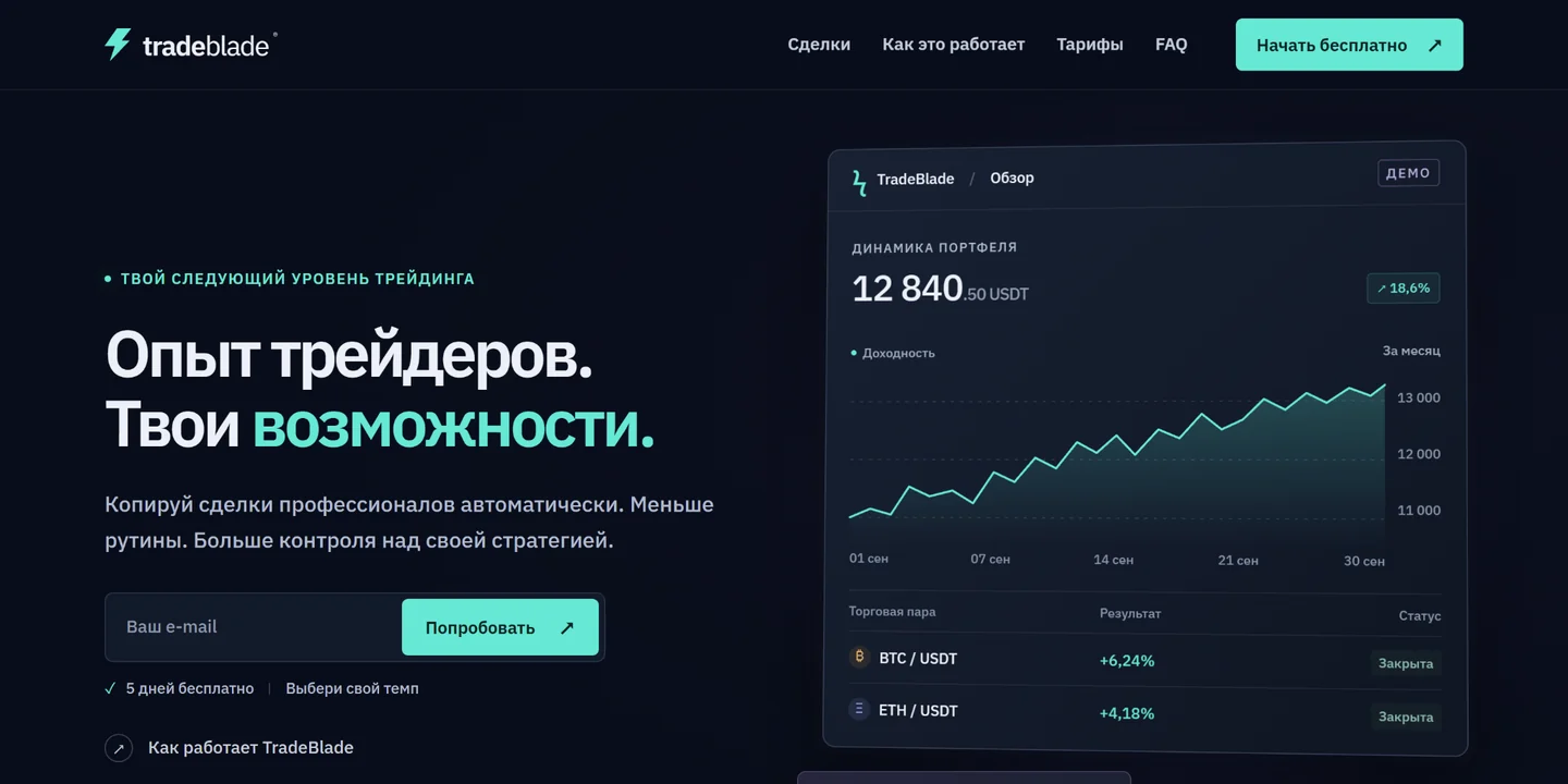 TradeBlade responsive trading service landing page